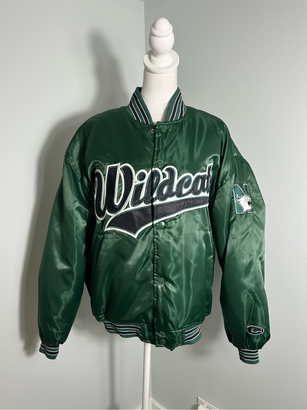 VTG 70s Kentucky Wildcats Satin Bomber Jacket Spell Out Snap Button Green Sz M